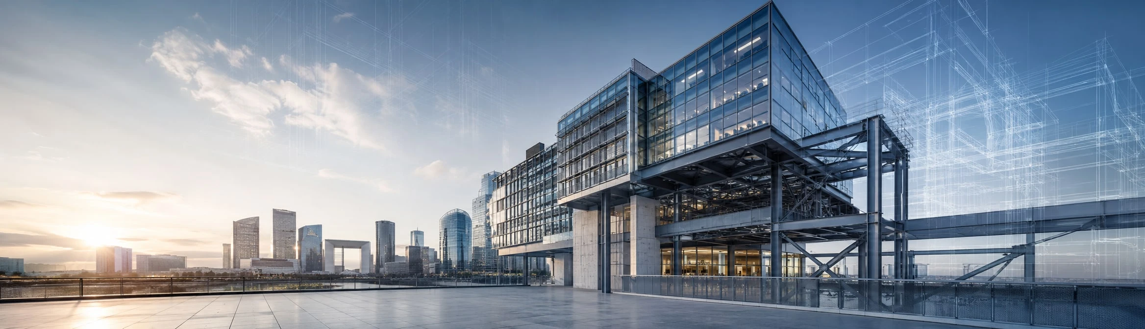Bâtiment à ossature métallique et sa maquette numérique, devant le quartier de La Défense